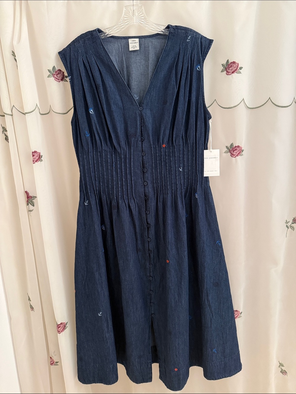 Navy Light-Weight Denim Button-Front Midi Dress with Subtle Embroidery